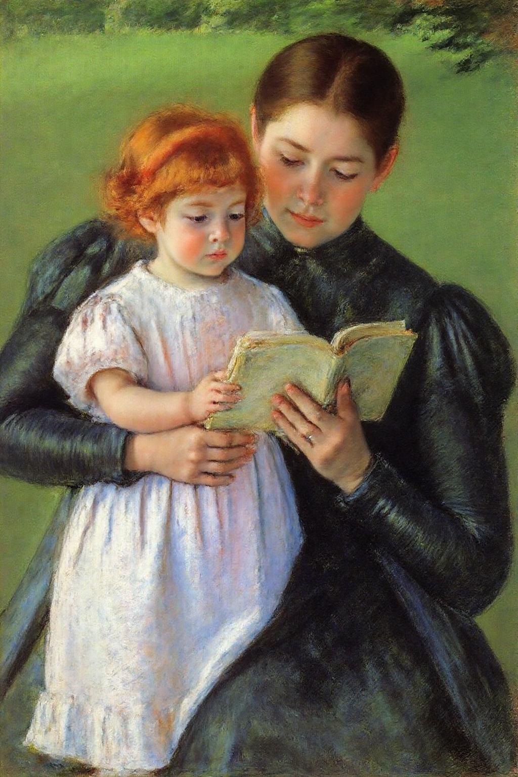 marycassatt1 painting.
A tender moment between a young girl and an woman. the woman is reading a book to the child.
 <lora:marycassatt1_cap_d6a3e17:1.0><lora:833905202592591255:0>