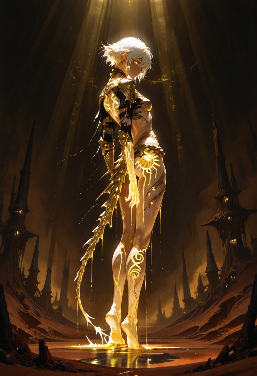 scifi, fantasy, masterpiece, best quality, volumetric lighting, dark desert background, embodying the corruption of the Sands of Time. His skin is dark and ashen, with glowing golden veins that resemble molten cracks, symbolizing the Sands coursing through him. His wild, unkempt hair mirrors his untamed, aggressive nature, while his glowing eyes golden—radiate rage and sinister power, making him appear almost demonic.
His attire is torn and minimal, revealing his corrupted form, while remnants of his armor hint at his former self. The golden Daggertail, fused to his arm, coils like a serpent and acts as both a weapon and a reminder of his curse. Every aspect of his appearance exudes pain, reflecting the Prince’s inner struggle against his darker instincts. The Dark Prince is a haunting and unforgettable manifestation of the protagonist’s inner turmoil.