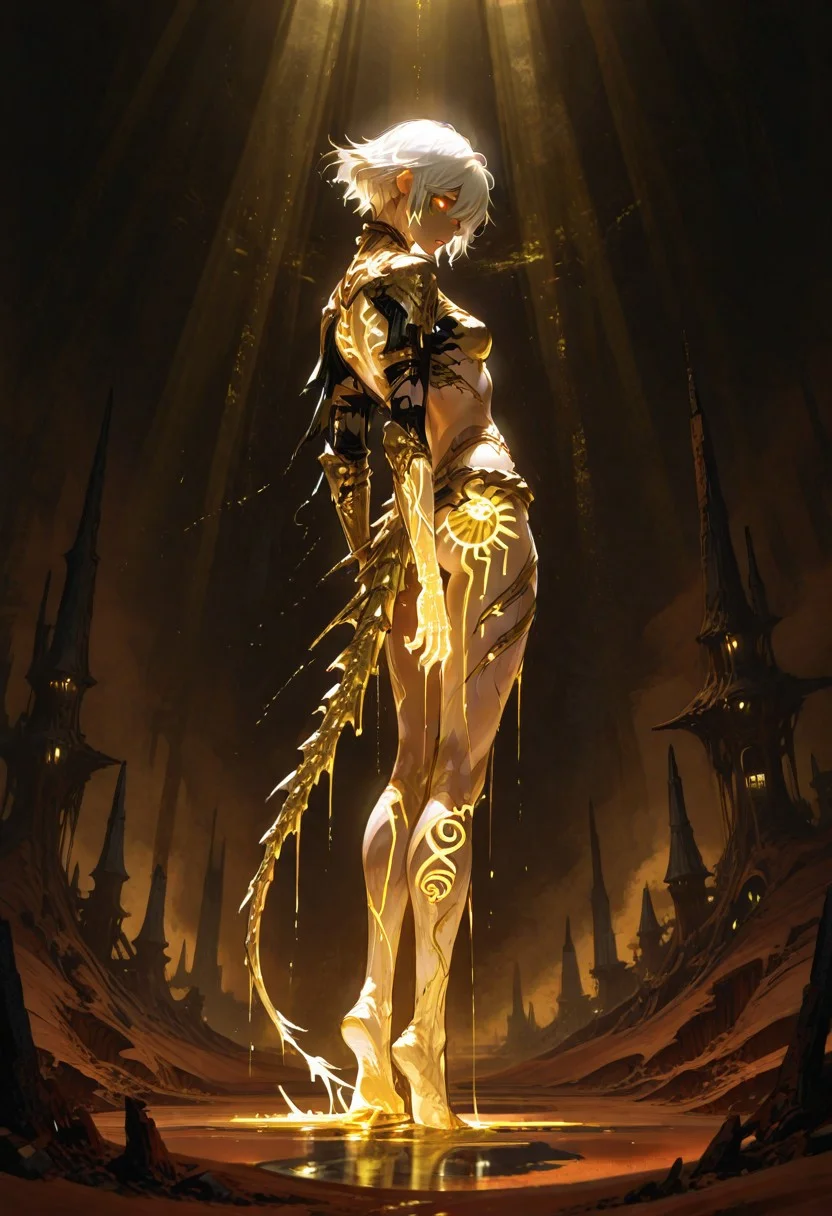 scifi, fantasy, masterpiece, best quality, volumetric lighting, dark desert background, embodying the corruption of the Sands of Time. His skin is dark and ashen, with glowing golden veins that resemble molten cracks, symbolizing the Sands coursing through him. His wild, unkempt hair mirrors his untamed, aggressive nature, while his glowing eyes golden—radiate rage and sinister power, making him appear almost demonic.
His attire is torn and minimal, revealing his corrupted form, while remnants of his armor hint at his former self. The golden Daggertail, fused to his arm, coils like a serpent and acts as both a weapon and a reminder of his curse. Every aspect of his appearance exudes pain, reflecting the Prince’s inner struggle against his darker instincts. The Dark Prince is a haunting and unforgettable manifestation of the protagonist’s inner turmoil.