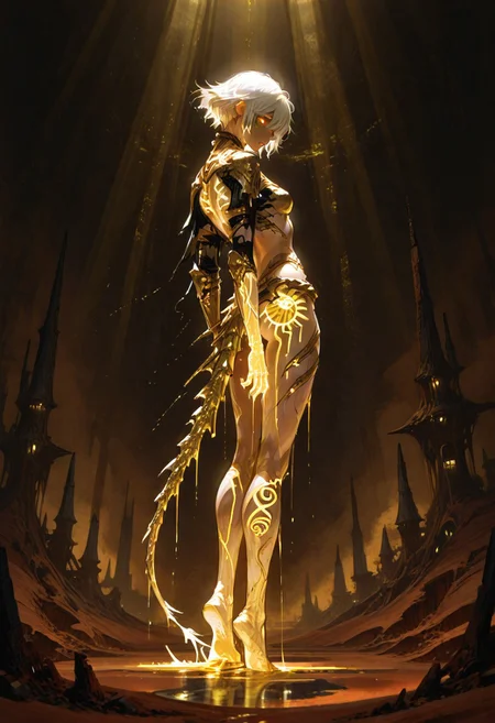 scifi, fantasy, masterpiece, best quality, volumetric lighting, dark desert background, embodying the corruption of the Sands of Time. His skin is dark and ashen, with glowing golden veins that resemble molten cracks, symbolizing the Sands coursing through him. His wild, unkempt hair mirrors his untamed, aggressive nature, while his glowing eyes golden—radiate rage and sinister power, making him appear almost demonic.
His attire is torn and minimal, revealing his corrupted form, while remnants of his armor hint at his former self. The golden Daggertail, fused to his arm, coils like a serpent and acts as both a weapon and a reminder of his curse. Every aspect of his appearance exudes pain, reflecting the Prince’s inner struggle against his darker instincts. The Dark Prince is a haunting and unforgettable manifestation of the protagonist’s inner turmoil.