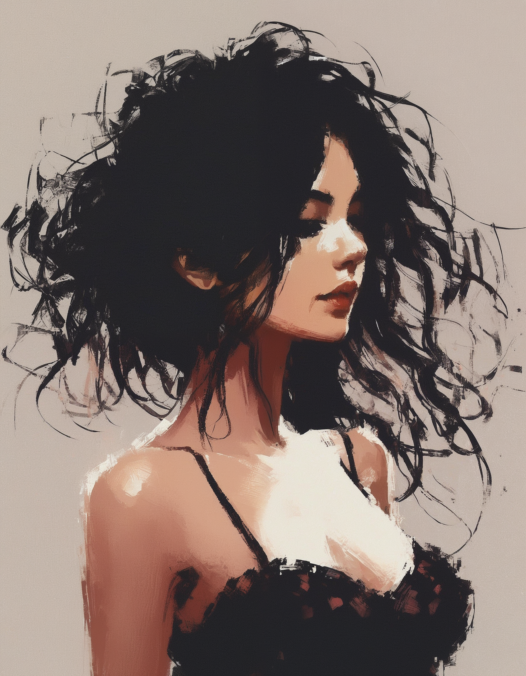 digital impressionist painting, 1girl, silhouette, side view, large breasts, large nipples, shorter black hair, simple bright background