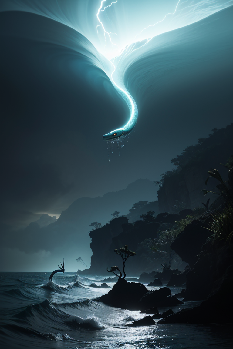 <lora:Calligraphy-ink-style-darquelilly-v1:0.7> calligraphyinkstyle, volumetric lighting, mysterious magical atmosphere, masterpiece, award winning picture, an Asian dragonsnake swimming in the water, merged with the waves of the ocean, a storm is coming, raindrops patter on the water, night, asian dragonsnake made of water  <lora:ral-watce-sd15:0-7> watce,  <lora:more_details:0.8>