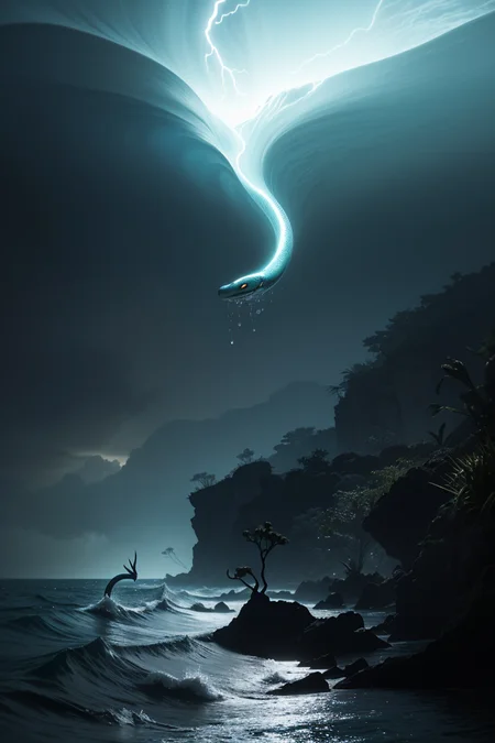 <lora:Calligraphy-ink-style-darquelilly-v1:0.7> calligraphyinkstyle, volumetric lighting, mysterious magical atmosphere, masterpiece, award winning picture, an Asian dragonsnake swimming in the water, merged with the waves of the ocean, a storm is coming, raindrops patter on the water, night, asian dragonsnake made of water <lora:ral-watce-sd15:0-7> watce, <lora:more_details:0.8>