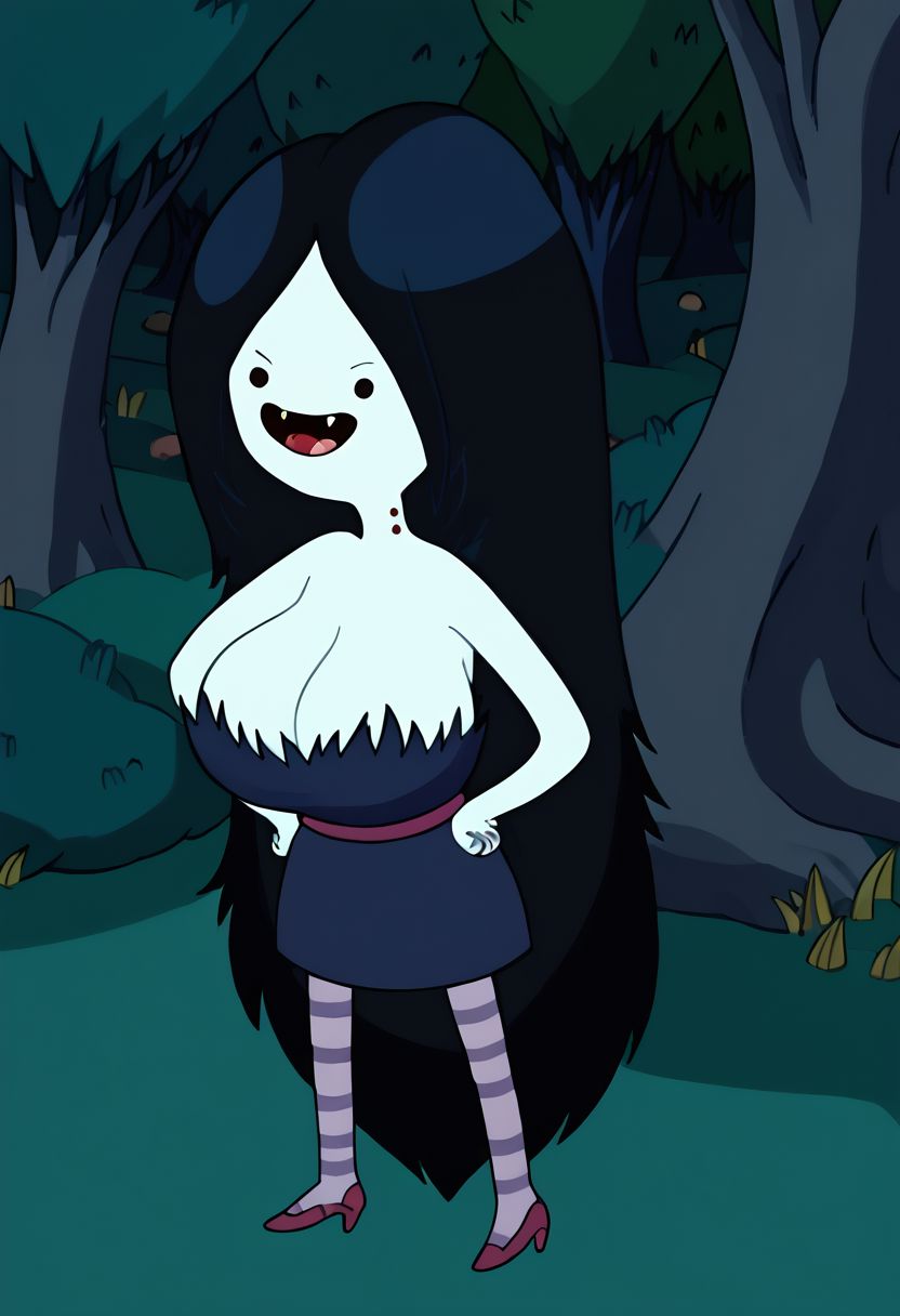 marceline, 1girl, fangs, long hair, black hair, dress, striped shirt, very long hair, striped pantyhose, solo, black eyes, bite mark, solid circle eyes, open mouth, high heels, smile, tree, grey skin, forest, vampire, gigantic breast, spiling cleavage,chibi body, young very thin, tiny body, cutie, small body, younger, short young body, thin legs, thin hips, thin thighs, thin arms,  standing,hands on hips, pantyhose,outdoors, night, night sky,  <lora:MarcelinePony1.1:1>, score_9, score_8_up, score_7_up, score_6_up, score_5_up, score_4_up, looking at viewer, cowboy shot,tree, forest,