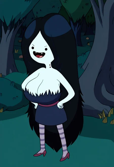 marceline, 1girl, fangs, long hair, black hair, dress, striped shirt, very long hair, striped pantyhose, solo, black eyes, bite mark, solid circle eyes, open mouth, high heels, smile, tree, grey skin, forest, vampire, gigantic breast, spiling cleavage,chibi body, young very thin, tiny body, cutie, small body, younger, short young body, thin legs, thin hips, thin thighs, thin arms,  standing,hands on hips, pantyhose,outdoors, night, night sky,  <lora:MarcelinePony1.1:1>, score_9, score_8_up, score_7_up, score_6_up, score_5_up, score_4_up, looking at viewer, cowboy shot,tree, forest,