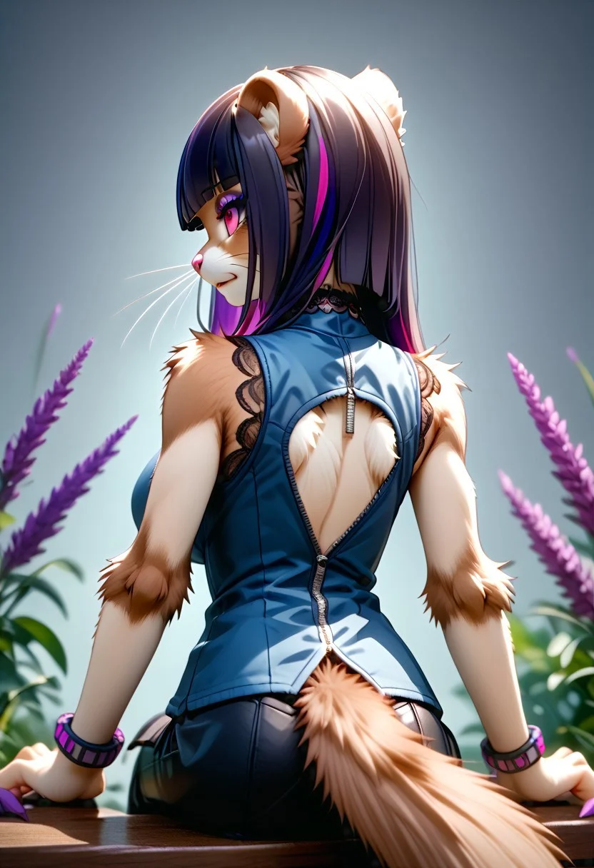 score_9, score_8_up, score_7_up, kftenhance, (view from behind:2), source_furry, slender, slim, fit, WSG02, weasel girl, furry weasel, weasel ears, weasel tail, paws, sitting, (black hair, blunt bob cut, (blunt bangs:2), (violet highlights:1.6)), large breasts, choker, bracelets, sleeveless, blue vest, zipper, black pants