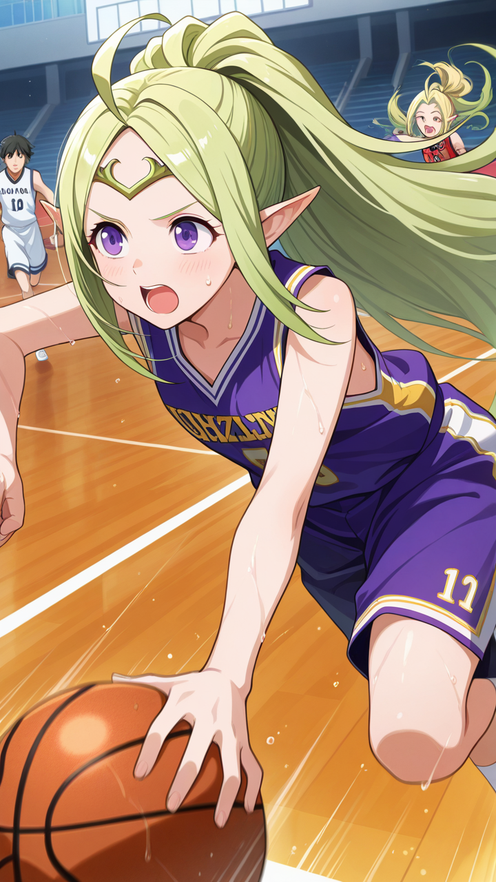 masterpiece, best quality, amazing quality, very aesthetic, absurdres, newest, anime screencap, <lora:nowiILM:1>, nowi (fire emblem), green hair, blonde hair, long hair, very long hair, parted bangs, purple eyes, ahoge, pointy ears, ponytail, high ponytail, tiara, circlet, sidelocks, gradient hair,, see-through, basketball, basketball uniform, basketball (object), basketball shorts, ball, sportswear, dribbling (basketball), sweat, wet, sweatdrop, fast action, basketball court, open mouth, running, looking away, dribbling, speed lines, dynamic pose,