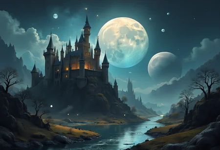 <lora:Flux-XL_Scenery:1>,flux-scenery Fantasy landscape concept, castle, river, two moons, scenic, painting
