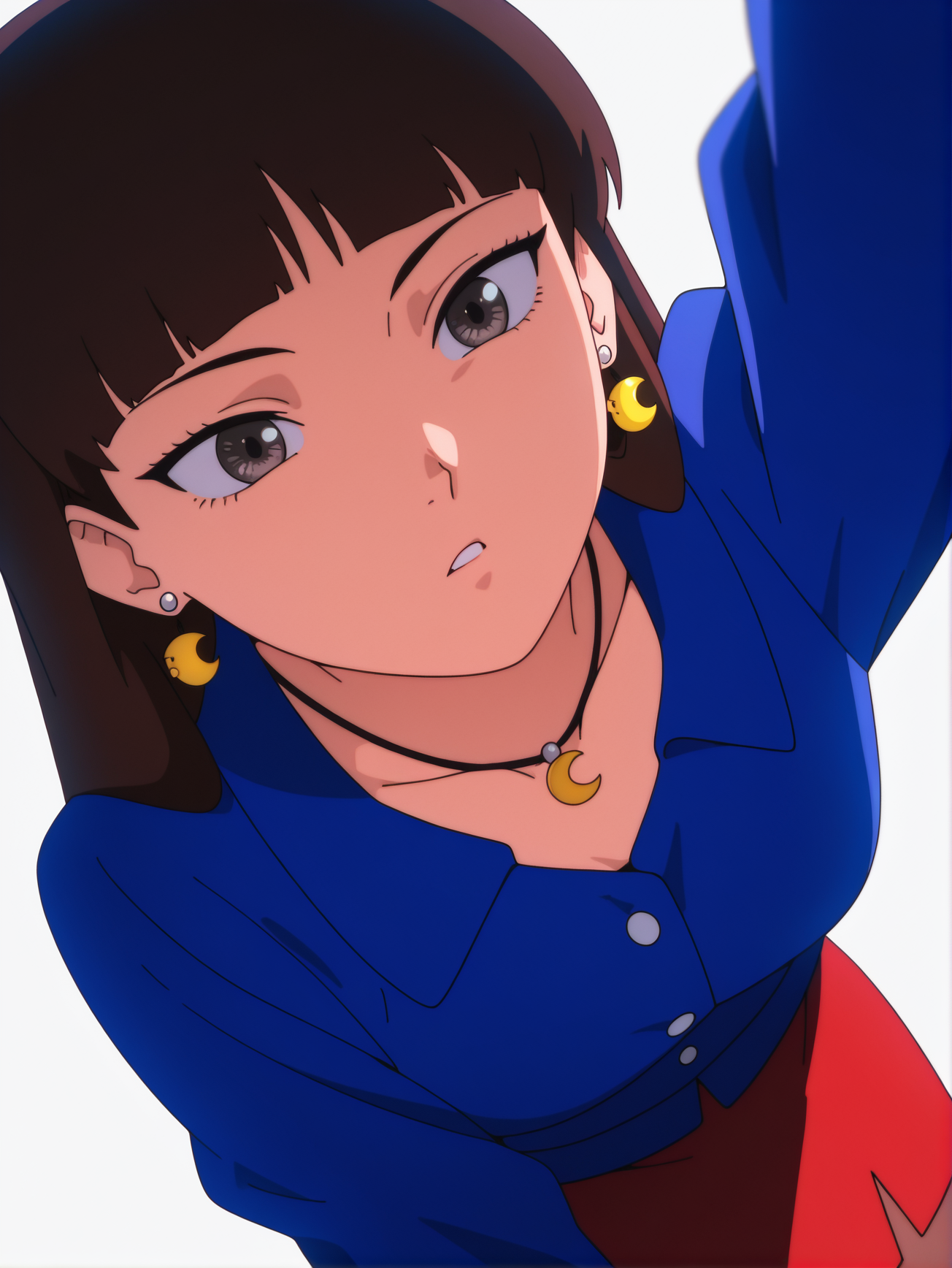 masterpiece, best quality, amazing quality, absurdres, newest, dynamic_angle, defined facial features, anime coloring, anime screencap, white background,
<lora:Reika-Juri_IL1.1_v0:1>
yamamoto reika \(sel\), 1girl, moon-shaped earrings, moon-shaped necklace, blue long sleeve jacket, red skirt, grey eyes