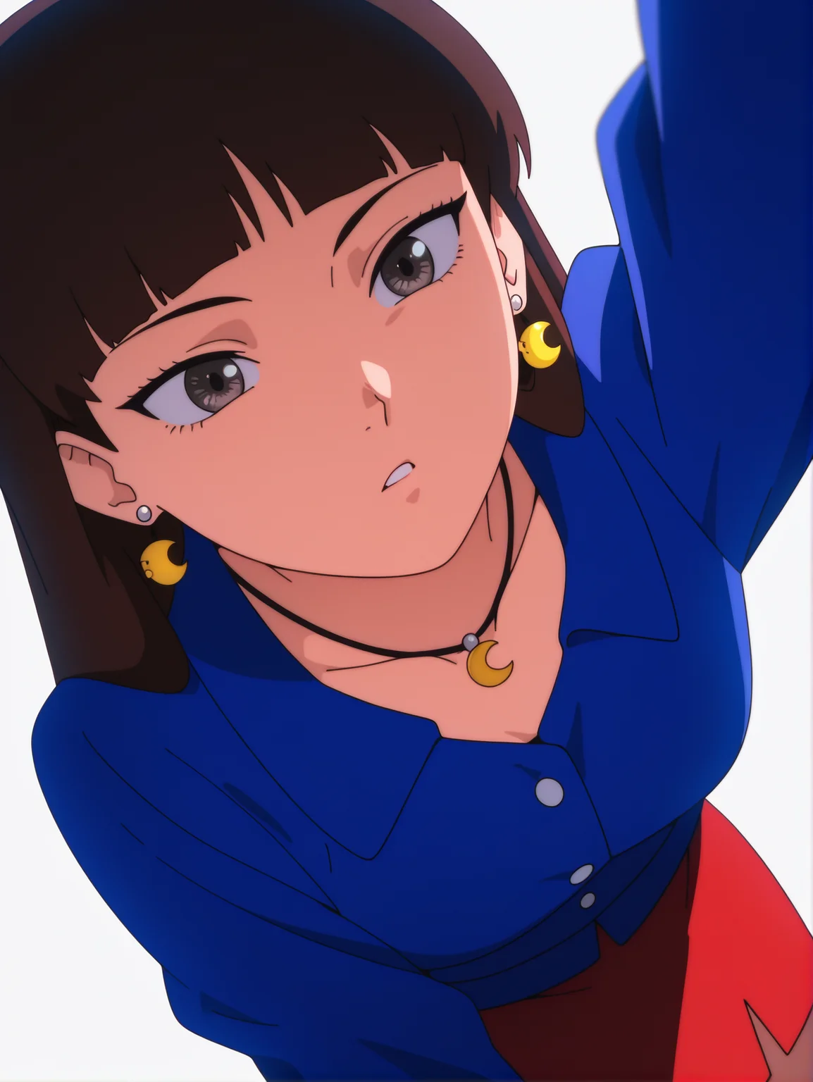 masterpiece, best quality, amazing quality, absurdres, newest, dynamic_angle, defined facial features, anime coloring, anime screencap, white background,
<lora:Reika-Juri_IL1.1_v0:1>
yamamoto reika \(sel\), 1girl, moon-shaped earrings, moon-shaped necklace, blue long sleeve jacket, red skirt, grey eyes