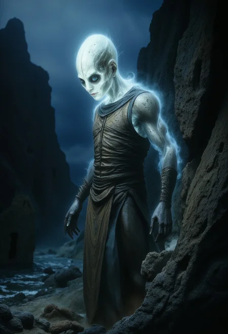 Ethereal humanoid figure with translucent pale skin that shimmers in moonlight, abnormally large reflective blue eyes adapted for night vision, Covered in shadows, stocky build, light blonde hair. Dressed in simple clothing, standing near ancient stone fortress ruins in Appalachian mountains. Nocturnal being who retreats from sunlight. Medieval fantasy style, mystical atmosphere, moonlit scene, in the style of ck-ncr,