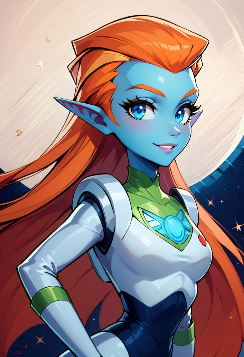 score_9, score_8_up, score_8, medium breasts, (curvy), cute, eyelashes,     
rating safe, 
BREAK,
zzMira, blue eyes, blue skin, orange hair, pointy ears, white spacesuit,
BREAK,
smile, looking at viewer, 
abstract space background, 
zPDXL, Expressiveh