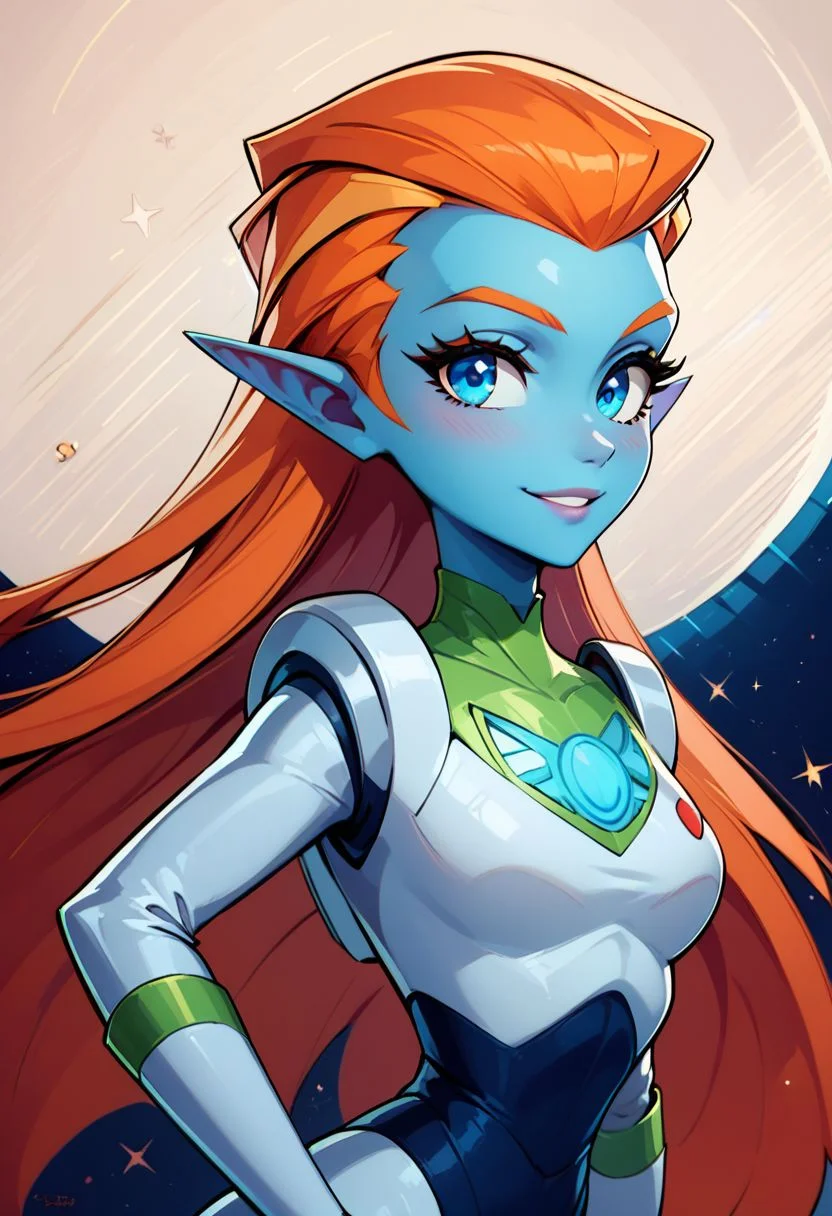 score_9, score_8_up, score_8, medium breasts, (curvy), cute, eyelashes,
rating safe,
BREAK,
zzMira, blue eyes, blue skin, orange hair, pointy ears, white spacesuit,
BREAK,
smile, looking at viewer,
abstract space background,
zPDXL, Expressiveh