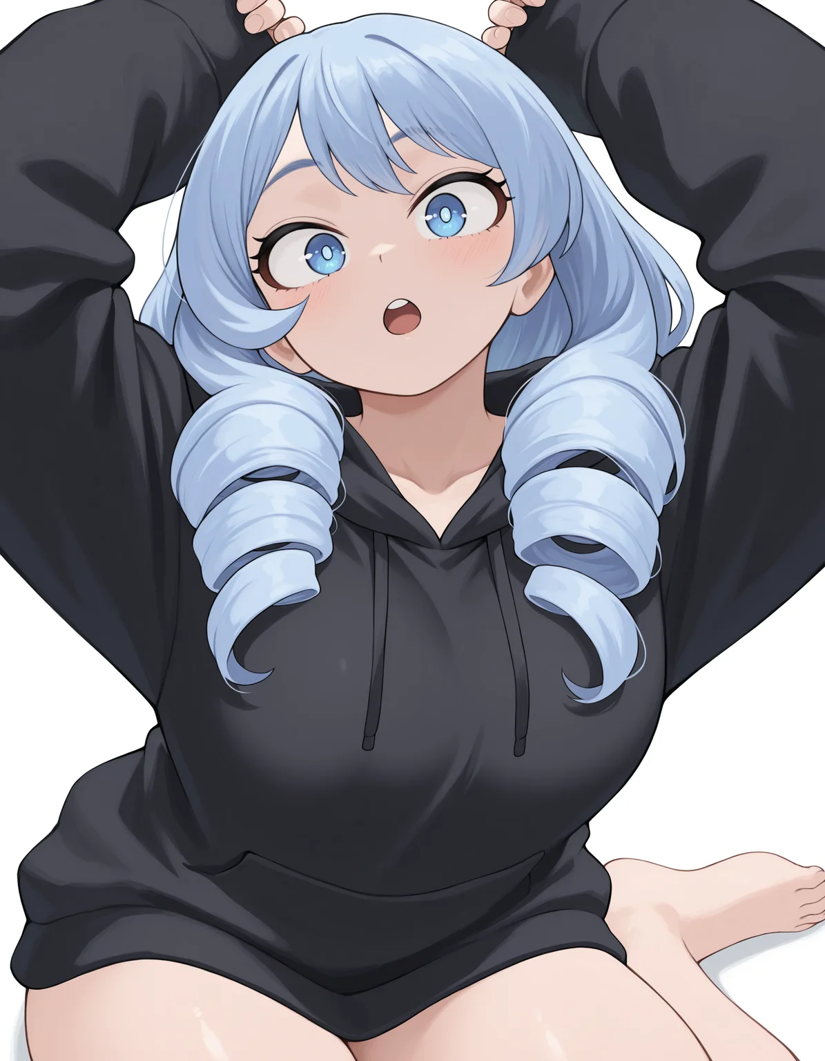 <lora:Hado Nejire Illu:1>
nejir3, 1girl, blue eyes, blue hair, :o, hood down, black hoodie, white background, simple background, looking at viewer, open mouth, alternate costume, arms up, upper teeth only, thighs, long sleeves, sleeves past wrists, cowboy shot, no pants, breasts, naked hoodie, oversized clothes, blush, drill hair, bright pupils, sitting, thighs, barefoot, head tilt,, masterpiece, best quality, amazing quality