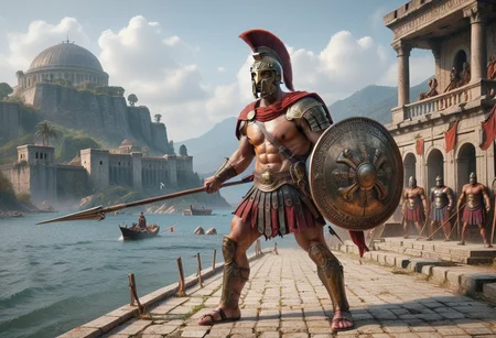 score_9, score_8_up, score_8, male spartan warrior, hyper-realistic, bronze armor, Corinthian helmet, red horsehair crest, muscular physique, large round shield, ancient Greek symbols, battle scars, long spear, poised for thrust, rugged mountainous terrain, dusty battlefield, intense focus, unyielding determination, earthy tones, bronze, brown, historical authenticity <lora:SpartanArmor:0.5> Spartan armor, Spartan helmet, red cloak, <lora:Spartan_Spear_and_Shield:0.75>, spear warrior, background ancient Greek mountain coastline with a view of the Greek Aegean Sea with boats and Greek islands, <lora:add-detail-xl:0.75>, <lora:blood bath-GMR:0.35> Blood Bath, <lora:d\EnvyActionShotXL01:0.65> action shot