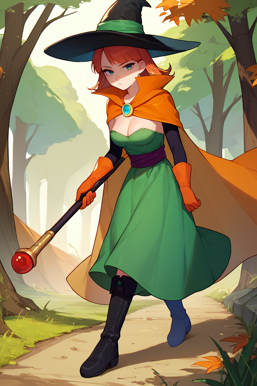 score_9, score_8_up, score_7_up, score_6_up, source_anime, BREAK 1girl, solo, <lora:dq3mage-pdxl-nvwls-v1-000005:1> dq3mage, orange hair, short hair, witch hat, orange cape, green dress, strapless, sash, orange gloves, black boots, medium breasts, cleavage, looking at you, holding staff, bored, woods, walking
