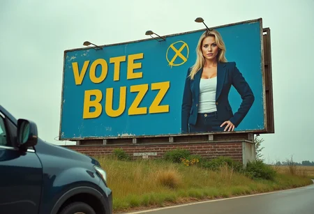 A candid photography of weathered roadside election campaign billboard for a fictional political party named 'BUZZ,' standing on a grassy field by a rural road. The billboard features a busty and very detailed female candidate in her 30s, wearing a tight button blouse with a tight blazer, posed confidently against a deep blue monocolor background. The bold text 'VOTE BUZZ' is printed in slightly faded golden-yellow typography. Integrated into the design is a stylized handwritten cross through a circle, symbolizing a cast vote, placed prominently near the candidate’s image or the party name. The poster shows signs of wear, with peeling edges, faint creases, and the textured grain of weathered paper clearly visible. The scene is viewed from a car at a slanted angle, adding a dynamic perspective. The field around the billboard is uneven, with tufts of grass and scattered wildflowers. The lighting is natural and soft, suggesting a cloudy day, and the muted tones of the setting enhance the worn, realistic feel of the image. Photorealistic textures, cinematic imperfection, and detailed, rustic elements.