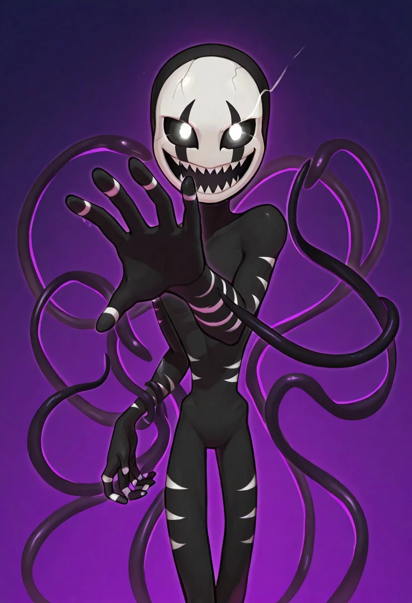 Nihgtm4r10nn3, black skin, white face, sharp teeth, white eyes, glowing eyes, sprawling hand, tentacles hand, black hand with white stripes, long body