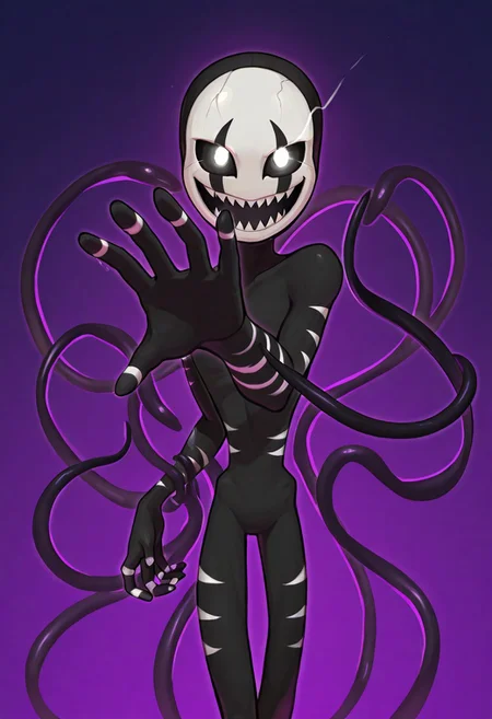 Nihgtm4r10nn3, black skin, white face, sharp teeth, white eyes, glowing eyes, sprawling hand, tentacles hand, black hand with white stripes, long body