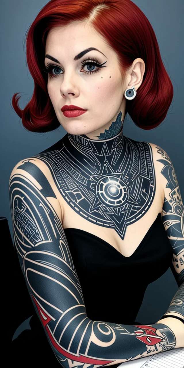 a woman tattooed in DarkTatExStarz style <lora:DarkTatExStarz:0.937>in an 1960's space ship at a desk