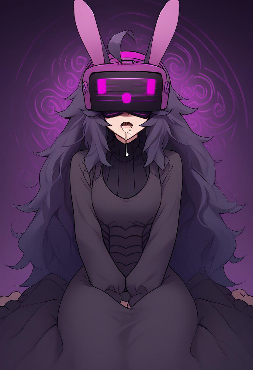 high quality, good quality, perfect quality, amazing quality, high res, masterpiece, score_9, score_8_up, score_7_up, source_anime, best quality, hex maniac, hairband, messy hair, purple hair, purple hairband, black dress, dress, long dress, long sleeves, juliet sleeves, zkovisor, hypnotic visor, helmet, rabbit ears, :), mind control, hypnosis, saliva, drooling, spiral, eyes covered
