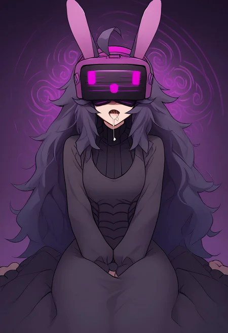 high quality, good quality, perfect quality, amazing quality, high res, masterpiece, score_9, score_8_up, score_7_up, source_anime, best quality, hex maniac, hairband, messy hair, purple hair, purple hairband, black dress, dress, long dress, long sleeves, juliet sleeves, zkovisor, hypnotic visor, helmet, rabbit ears, :), mind control, hypnosis, saliva, drooling, spiral, eyes covered