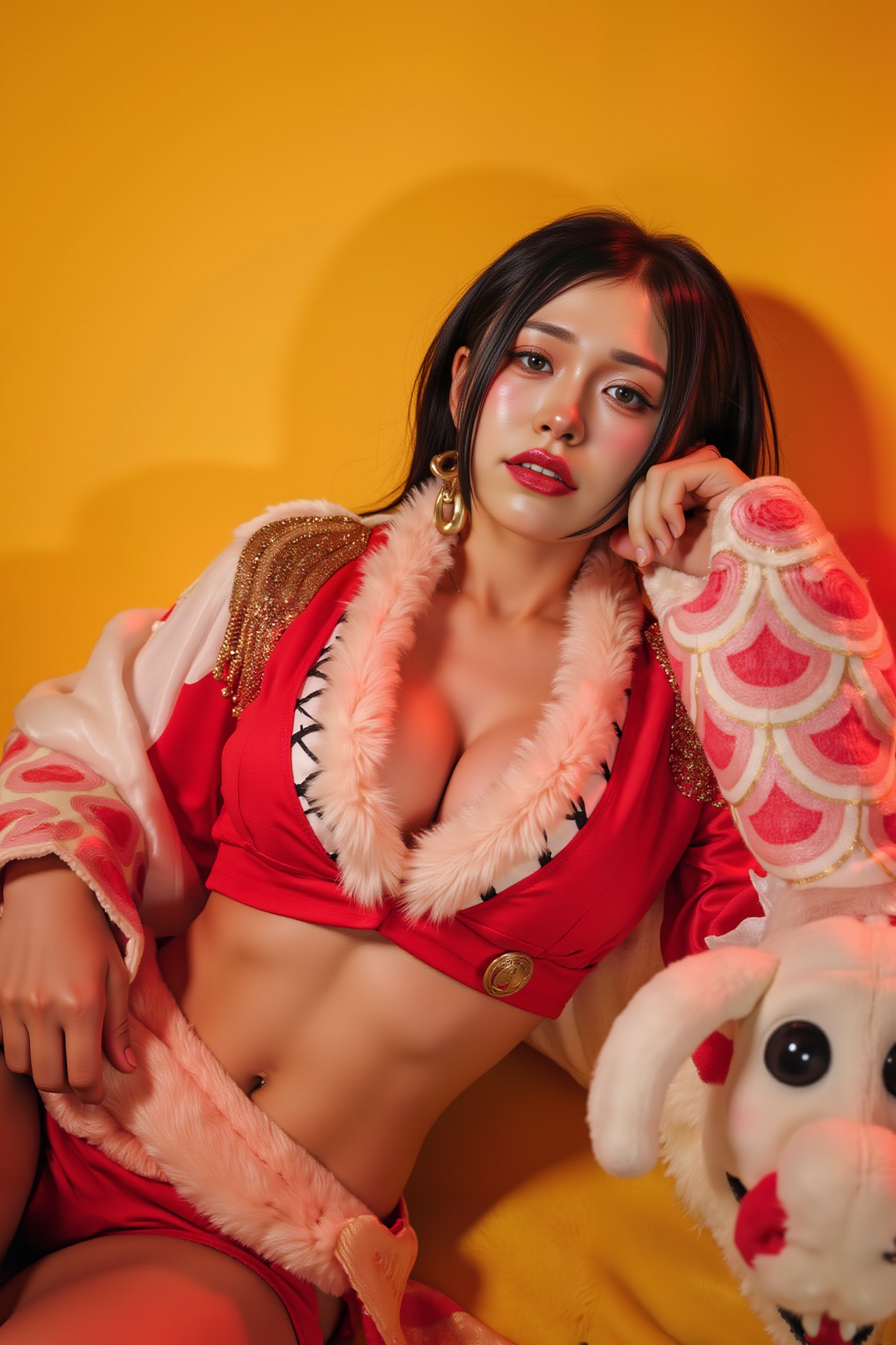 High-resolution professional portrait of a young woman lying gracefully on her side on the floor, elbow gently supporting her head. Her legs are slightly bent, emphasizing natural curves. Her gaze is soft yet direct, engaging comfortably with the camera, with gentle lighting capturing her natural beauty.

She is wearing SGWN40ClothingStyle1, a revealing, red outfit adorned with white fur and gold accents. Her makeup is dramatic, with dark eyeliner and bold, glossy pink lips. 

The lighting features a high-contrast, monochromatic white color scheme that creates a moody, intimate atmosphere. 

The photography technique uses what appears to be soft lighting to create a glamorous effect, with careful attention to highlighting contours while maintaining the dominant light yellow color scheme throughout the frame.

The overall aesthetic combines elements of fashion photography, traditional Asian visual motifs, and contemporary boudoir styling. The dramatic light yellow lighting creates a cohesive visual theme that ties all elements of the composition together.

The white light emit on her to show her feature.