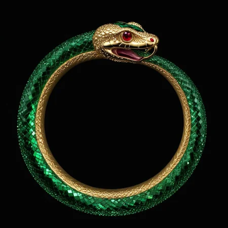 emerald green and gold glass snake, Ouroboros, snake made out of emeralds, 8k, high resolution, fine quality, high quality, very detailed, photo realistic, snake eating its own tail, snake with its tail in its mouth, solo snake, detailxl, black silk background, snake has a ruby as an eye.