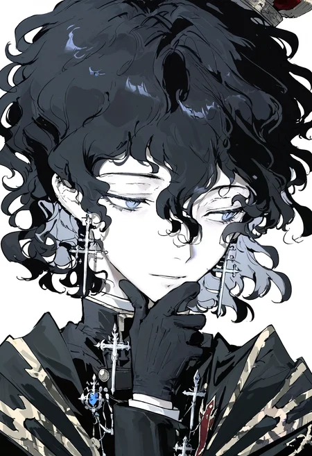 masterpiece, highres, absurdres, newest, very awa, portrait, face focus, male focus, 1boy, solo, black hair, blue eyes, wavy hair, black gloves, cross earrings, long sleeves, high collar, black military uniform, black capelet, layered sleeves, crown, looking to the side, hand on own chin, <lora:AIK300068733>, <lora:noobai_ep11_stabilizer_v0.30_fp16:0.7>,