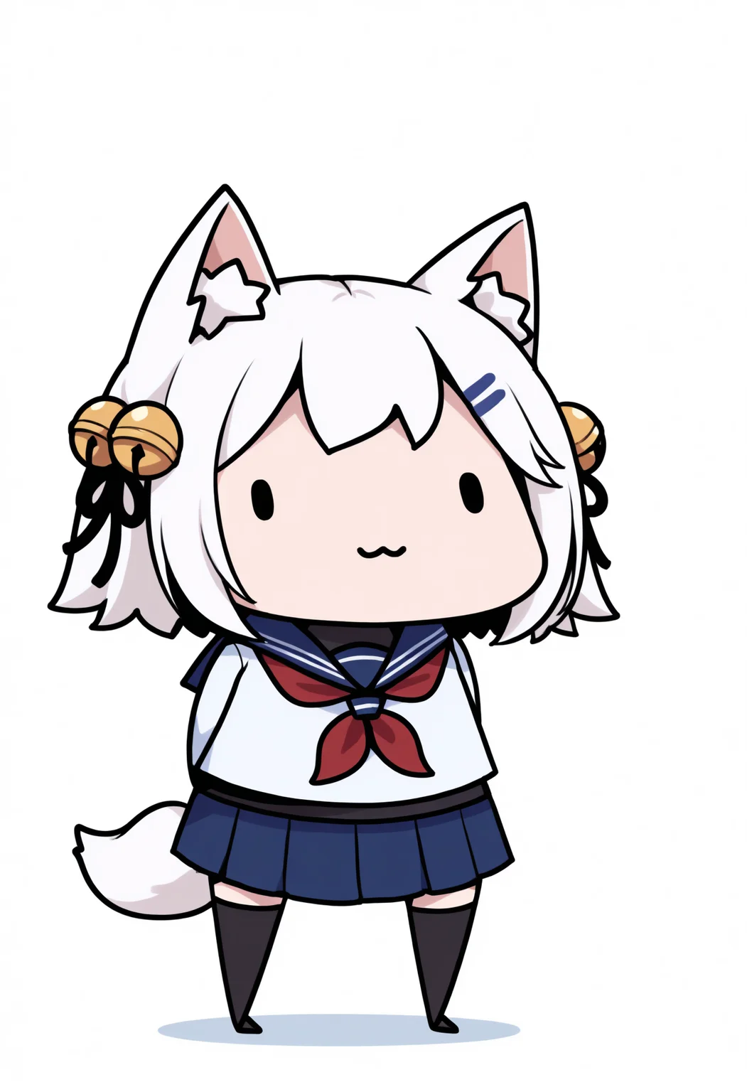 masterpiece, best quality, 1girl, solo, F1l1an2nd, white hair, short hair, hairclip, hair bell, animal ears, fox tail, serafuku, long sleeves, red neckerchief, swimsuit under clothes, black swimsuit, blue skirt, black thighhighs, chibi, dot eyes, :3, smile,, simple background, white background, <lora:ChamFilianNoob:1>, <lora:style_walfie_illustriousXL-GLoRA:1>