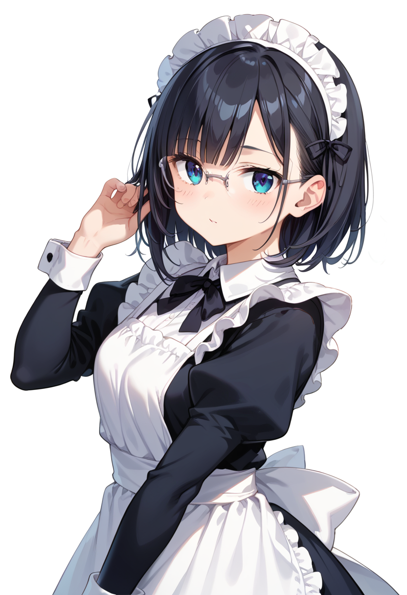 score_9, score_8_up, score_7_up, rating_safe, masterpiece, best quality, absurdres, unity 8k wallpaper, official art, official style, source_anime, uncensored, game cg, megami magazine,
1girl, solo, black hair, medium hair, upper body, covered eyes,maid, maid headdress, black dress, maid apron, face focus,
halfrim17s,  still life, white background, simple background, grey-framed eyewear,
 <lora:glasses_halfrim17S_PONY_V1:1>