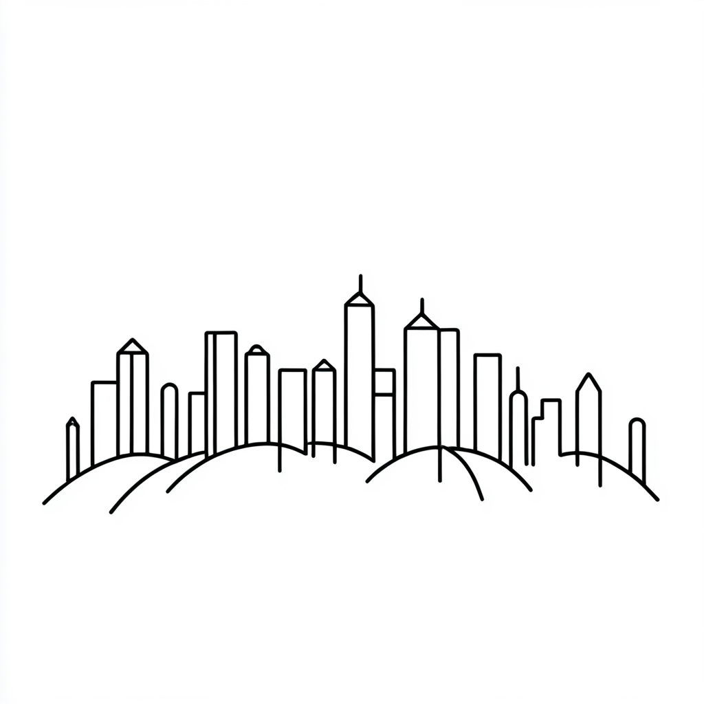 <lora:Simplest_line_art:1> ARSMJSTYLE, simplest line art, City skyline, continuous line art, architectural simplicity, urban landscape, minimalist cityscape, clean aesthetic, black lines, white space