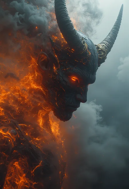 a dipiction of a fire minotaur, (disintegrating and dissolving into fog and smoke:1.9), (blending form with reality:1.9). Framed in thick volumetric fog. diffused light, delicatly, whispering, eye catching masterpiece artwork. drifting fog, cracked light and scattering smoke in a dreamlike reality.