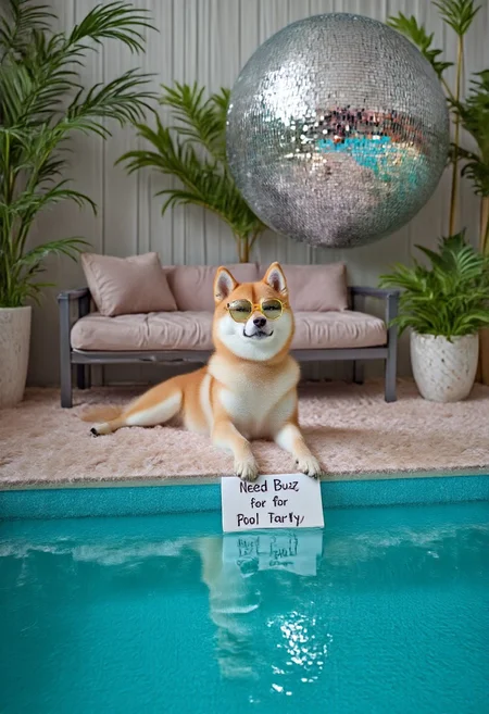 photorealistic, Shiba Inu, Doge with visually striking color outside, near a fancy pool, with a sign that clearly states "Need Buzz for Pool Party"