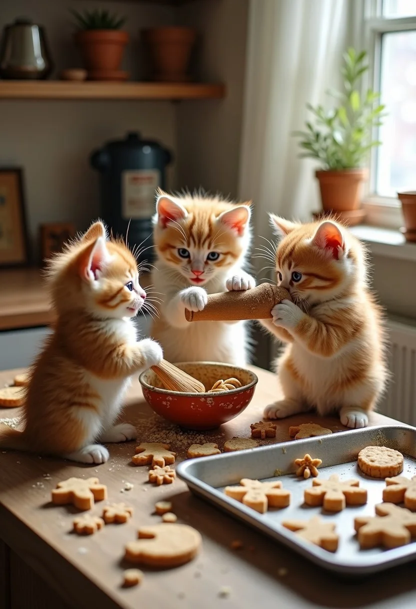 Kittens Baking Cookies: In a cozy kitchen, a group of fluffy kittens is attempting to bake cookies. One kitten, with flour all over its face, stands on its hind legs stirring a bowl much too big for it. Another kitten paws at a rolling pin, trying to flatten the dough, while a mischievous kitten in the corner sneaks a nibble of the cookie dough. The chaos grows as cookie shapes end up everywhere—some on the floor, some on the counter, and one even stuck to the ceiling. A tray of cookies, slightly burned but full of kitten charm, sits nearby, ready to be tasted.