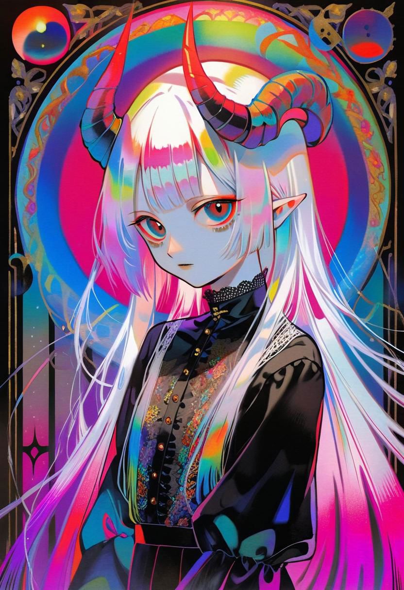by tsubonari
 pale demon girl , prismatic coloring, holographic vibe, chromatic black lace blouse, gothic background, (long straight horns:1.2)
