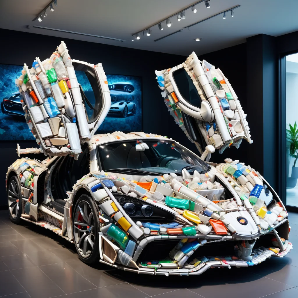 a hypercar made of dvr-trsh, in a showroom, intricate details <lora:dvr-trsh:0.8>