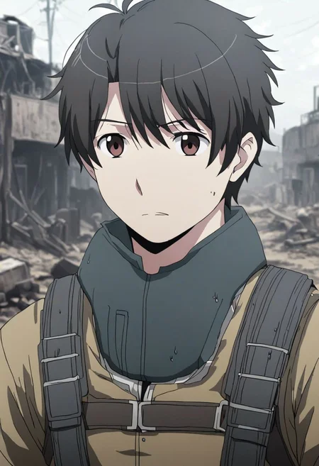 high resolution, solo, best quality, 1Boy, Inaho Kaizuka, Black Hair, Brown Eyes, shallow depth of field, Post-Apocalyptic, survival, OverallDetail