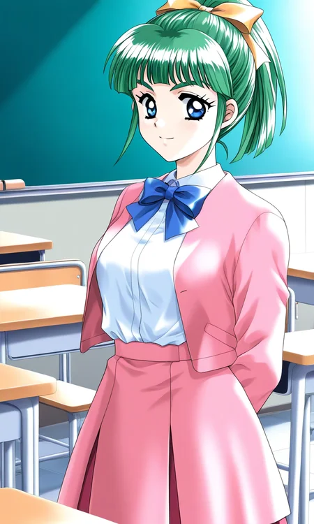 general,highres, ultra-detailed,very aesthetic,best quality ,best hands, BREAK <lora:Iijima_Miyuki_kakyuusei_Ver2.0_IS:1>
Iijima_Miyuki(kakyuusei), 1girl, solo, green hair, high ponytail,, bangs, short hair, blue eyes, hair ribbon,Yellow ribbon, breasts,
classroom, indoors, pink jacket,
chalkboard, looking at viewer, shirt, school uniform, jacket, blue bow, shirt tucked in, desk,
bowtie, school desk, long sleeves, smile, pink skirt,