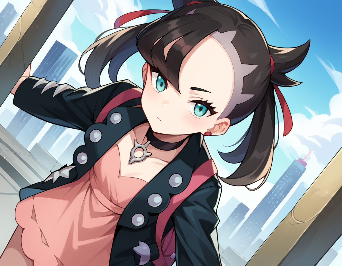 score_9, score_8_up, score_7_up, source_anime,
pokemonmarnie, <lora:pokemon-marnie-ponyxl-lora-nochekaiser:1>
pokemonmarnie, aqua eyes, asymmetrical bangs, asymmetrical hair, black hair, hair ribbon, long hair, red ribbon, ribbon, twintails,
backpack, bag, black choker, black jacket, choker, dress, earrings, jacket, jewelry, long sleeves, open clothes, pink bag, pink dress,
outdoors, cityscape, bent over,
looking at viewer, cowboy shot, dutch angle,