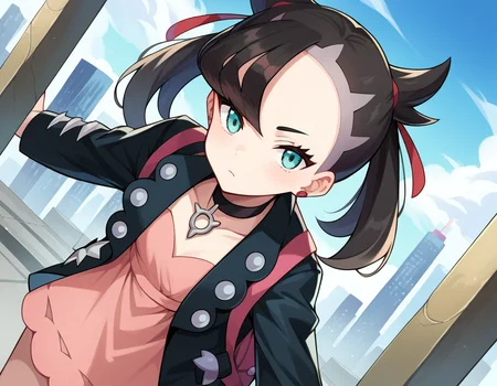 score_9, score_8_up, score_7_up, source_anime,
pokemonmarnie, <lora:pokemon-marnie-ponyxl-lora-nochekaiser:1>
pokemonmarnie, aqua eyes, asymmetrical bangs, asymmetrical hair, black hair, hair ribbon, long hair, red ribbon, ribbon, twintails,
backpack, bag, black choker, black jacket, choker, dress, earrings, jacket, jewelry, long sleeves, open clothes, pink bag, pink dress,
outdoors, cityscape, bent over,
looking at viewer, cowboy shot, dutch angle,