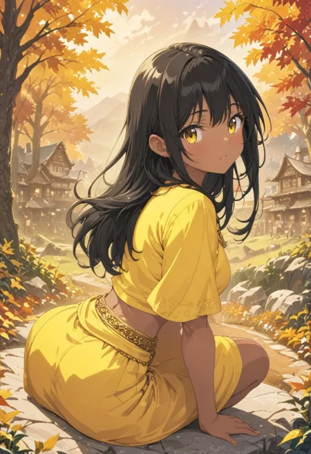 gorgeous lips, cinematic, (masterpiece), (best quality), (ultra-detailed), very aesthetic, illustration, perfect composition, intricate details, absurdres, detailed face, (anime, masterpiece, intricate:1.3), (best quality, hires textures, high detail:1.2), (4k),(incredibly detailed:1.4)
Footbath, beautiful girl, autumn deciduous forest in the surrounding background, mountains in the distant background, sitting on a rock, black hair, no bangs, long hair, evening, autumn, mountain far from the city center, countryside, wooden village, cloudy white footbath, perfect quality, cute, people who look at it Looking back, beautiful scenery, high resolution, orange Lehnga, yellow Lehnga cropped top covered in gold,orange Lehnga skirt covered in gold, toned midriff, gold waist chain, tan skin, brown skin, yellow eyes, 背景　ジブリ, 背景, ジブリ,<lora:more_details:0.5>
