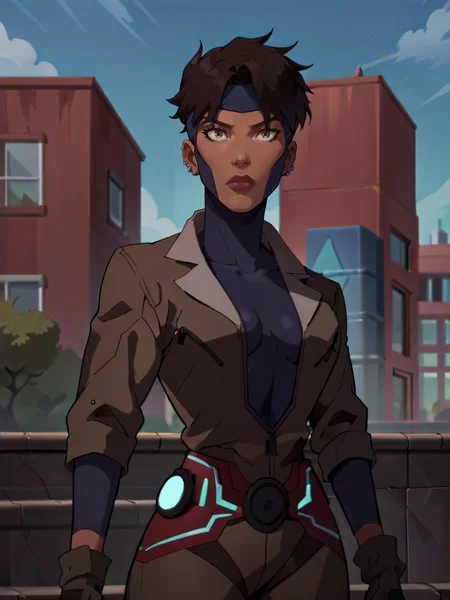 score_9, score_8_up, score_7_up, high quality, masterpiece, Rocket, 1girl, dark-skinned female, short hair, brown eyes, headband, piercing, earring, bodysuit, jacket, belt, standing, mask, gloves, outdoors, blue sky, purple aura
<lora:Rocket-110reps:1>