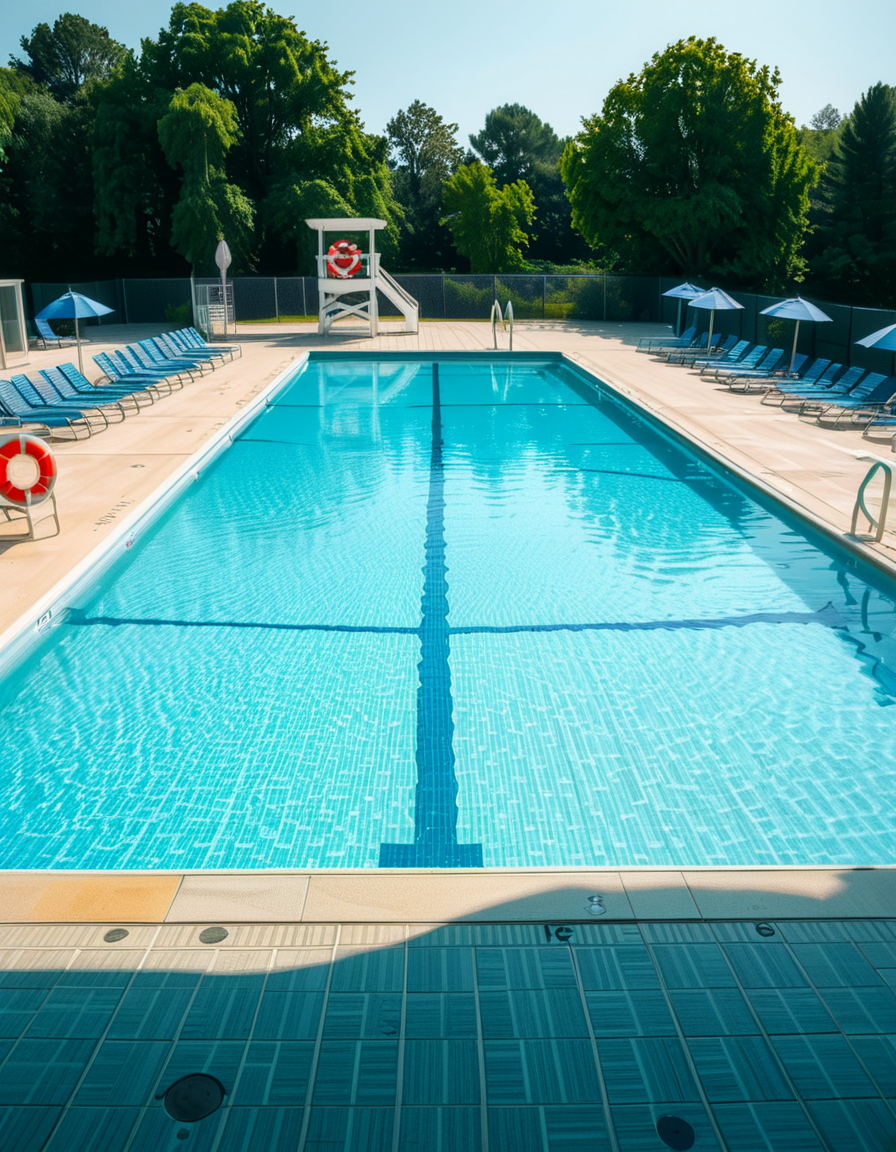 A large public swimming pool on a sunny day, completely empty of people. The clear blue water is still, reflecting the bright sky. Sunlight creates shimmering patterns on the tiled pool floor. The pool deck is lined with neatly arranged lounge chairs and colorful umbrellas. A lifeguard chair stands vacant at the poolside. Surrounding the area, lush green trees and well-maintained landscaping add a sense of tranquility. The atmosphere is calm and serene, with no movement except for the gentle ripples in the water.
<lora:SDXLFaeTastic2400:0.4> <lora:extremely_detailed:0.4> extremely detailed, <lora:public_swimming_p00l:1>,public swimming p00l, Masterpiece,best quality,hi res,8k,hi res,8k,award winning,(sharp focus, intricate, highly detailed),