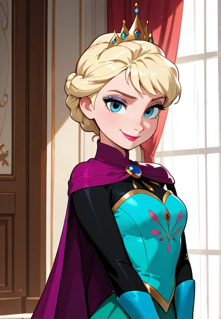 masterpiece, best quality, amazing quality, very aesthetic, absurdres, newest, detailed background, upper body,indoors, curtains, palace
elelsadisney, solo, looking at viewer, short hair, blue eyes, blonde hair, gloves, upper body, braid, purple cape, lips, makeup, lipstick, brooch, eyeshadow, freckles, blue gloves, elbow gloves, long sleeves, crown, green skirt, smile, 1girl
<lora:Elsa_-_Disney_Illustrious-000006:1>