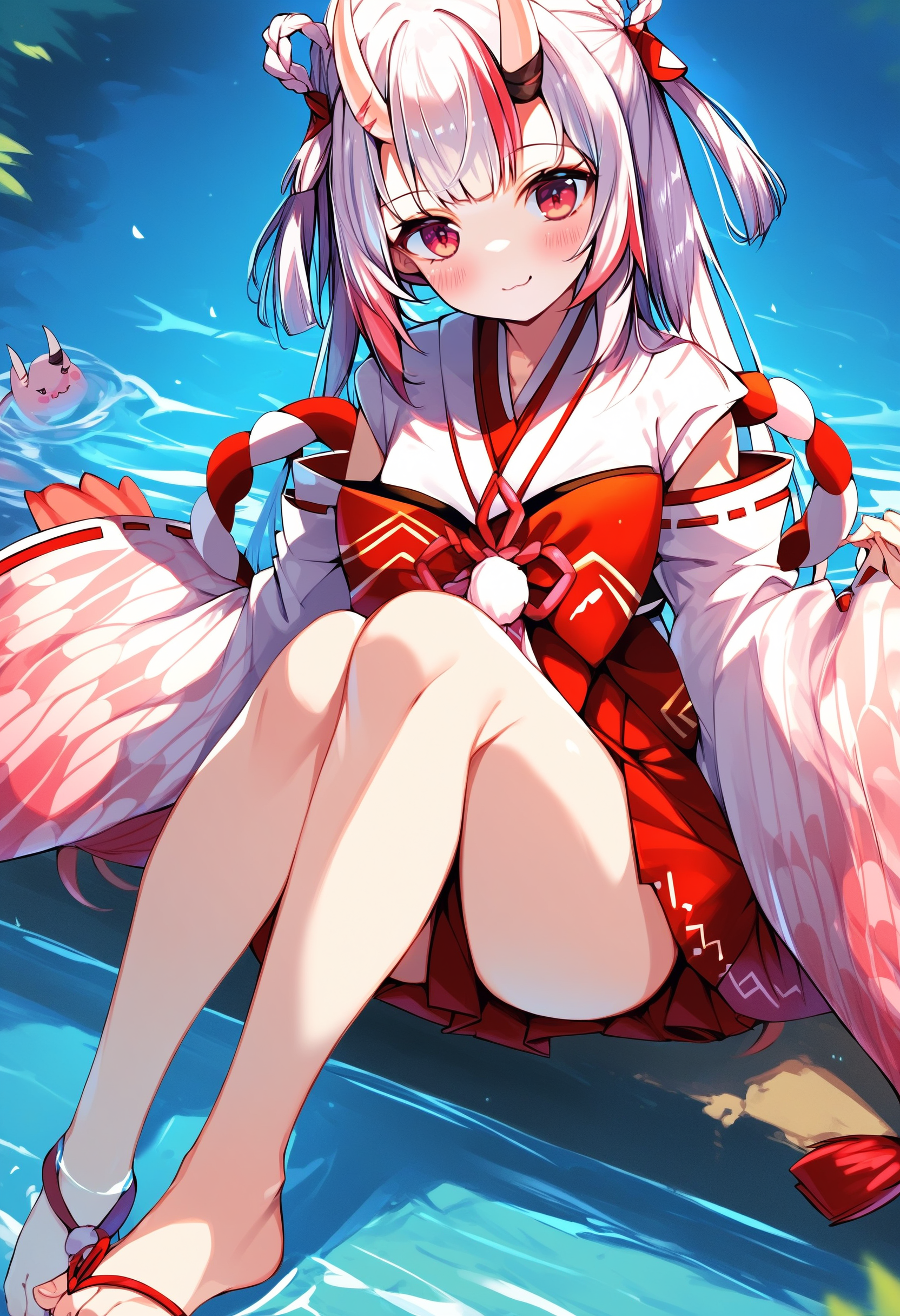 score_9, score_8_up, score_7_up, score_6_up, source anime,
nakiri ayame, nakiri ayame miko, 1girl, toes, skin-covered horns, japanese clothes, sitting, solo, looking at viewer, blush, shimenawa, oni, outdoors, smile, soaking feet, bare legs, wide sleeves, skirt, rope, sidelocks, long sleeves, foreshortening, knees together feet apart, detached sleeves, thighs, :3, water, short kimono, bow, hakama, white kimono, eyelashes
<lora:nakiri_ayame_v1:1>
