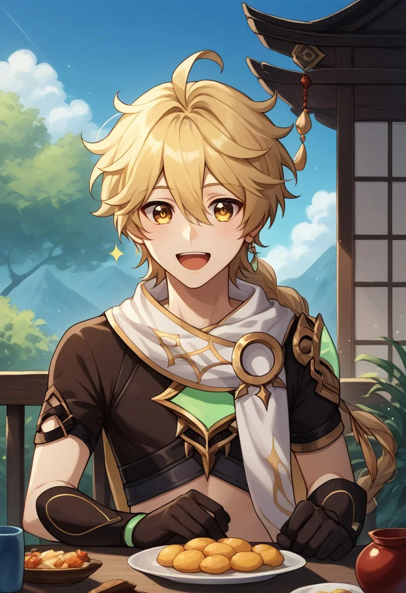 score_9, score_8_up, score_7_up, source_anime, highly detailed, 
traveler, 1boy, male focus, solo, blonde hair, long hair, bangs, hair between eyes, braid, single braid, ahoge, yellow eyes, jewelry, single earring, shoulder armor, scarf, white scarf, navel, midriff, crop top, short sleeves, gloves, black gloves,
excited, open mouth, happy, sparkling eyes, 
outdoor, table, chair, food, sit, oriental, sky,