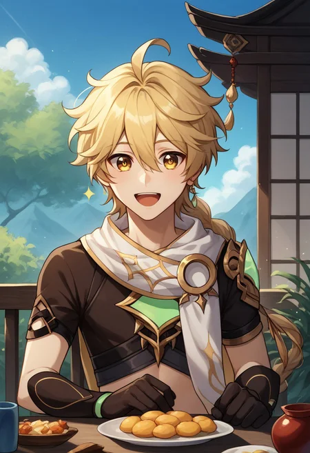 score_9, score_8_up, score_7_up, source_anime, highly detailed,
traveler, 1boy, male focus, solo, blonde hair, long hair, bangs, hair between eyes, braid, single braid, ahoge, yellow eyes, jewelry, single earring, shoulder armor, scarf, white scarf, navel, midriff, crop top, short sleeves, gloves, black gloves,
excited, open mouth, happy, sparkling eyes,
outdoor, table, chair, food, sit, oriental, sky,