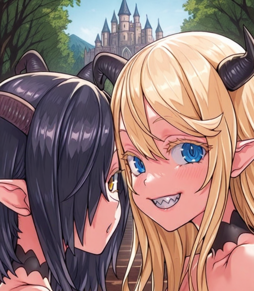 2girls, HDR, 4k, best quality, 8k, absurdres, very aesthetic, ultra-detailed, best illustration, castle, masterpiece, amazing quality, side by side, head shot
BREAK 
milfarma, black hair, yellow eyes, hair covering eye, looking at viewer, demon girl
BREAK 
milfeltey, blonde hair, blue eyes, long hair, looking at viewer, smiling, demon girl
<lora:MILFs_Succubi_Arma_Solacesolis_and_Eltey_Farrafahst_Fatalpulse_Asanagi_IL:1>