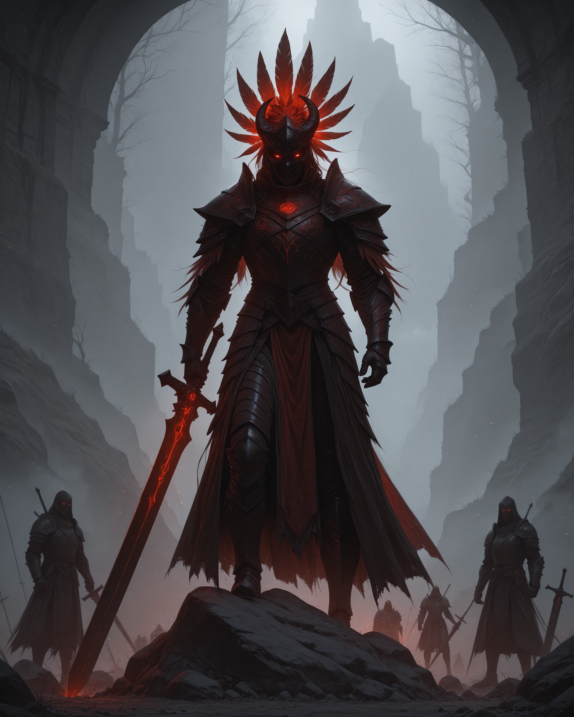 intricate futuristic gothic armor, steam comes out from the armor, red glowing eyes, standing on a rock, dynamic motion, holding a fantasy great sword, red feather on head, covered by mist, fog, fighting, beams of lights comes out from the armor, Surrounded by demons trying to catch, 